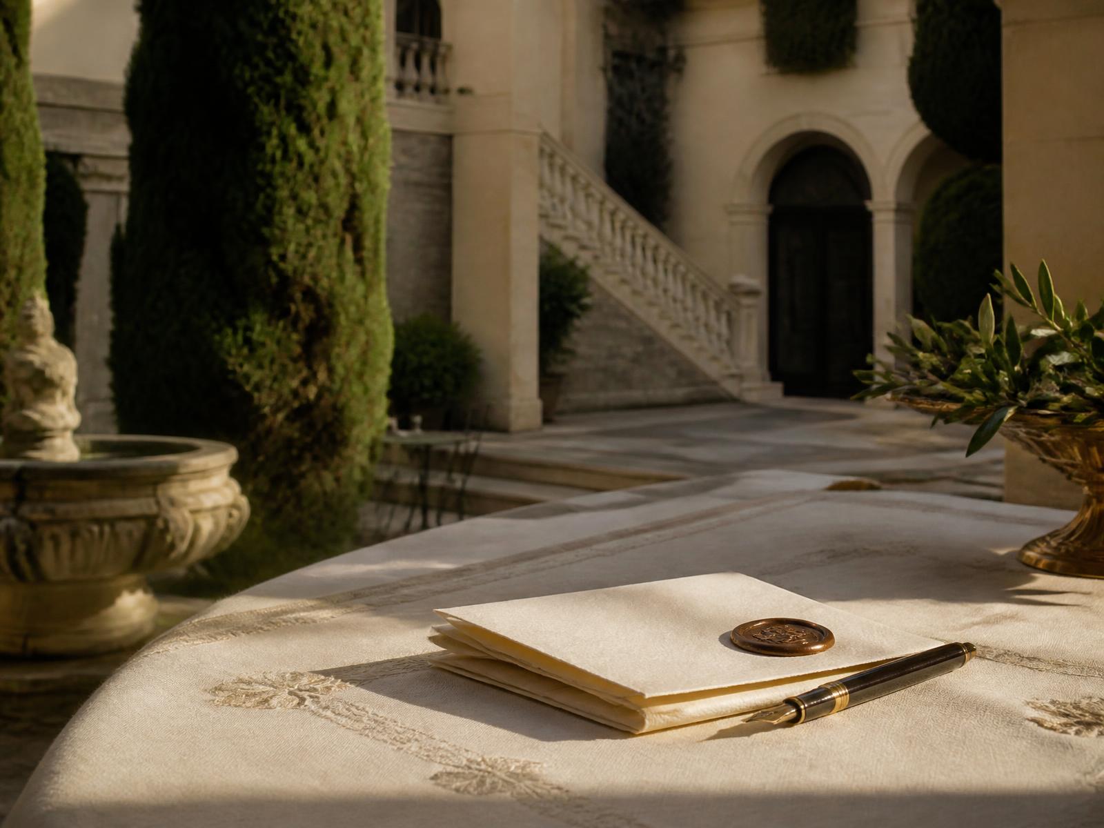 Patio italiano histórico con documento sellado y pluma sobre mesa de lino